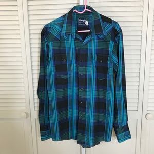Vintage 1990's Wrangler Plaid Pearl Colored Snaps Western Shirt XL